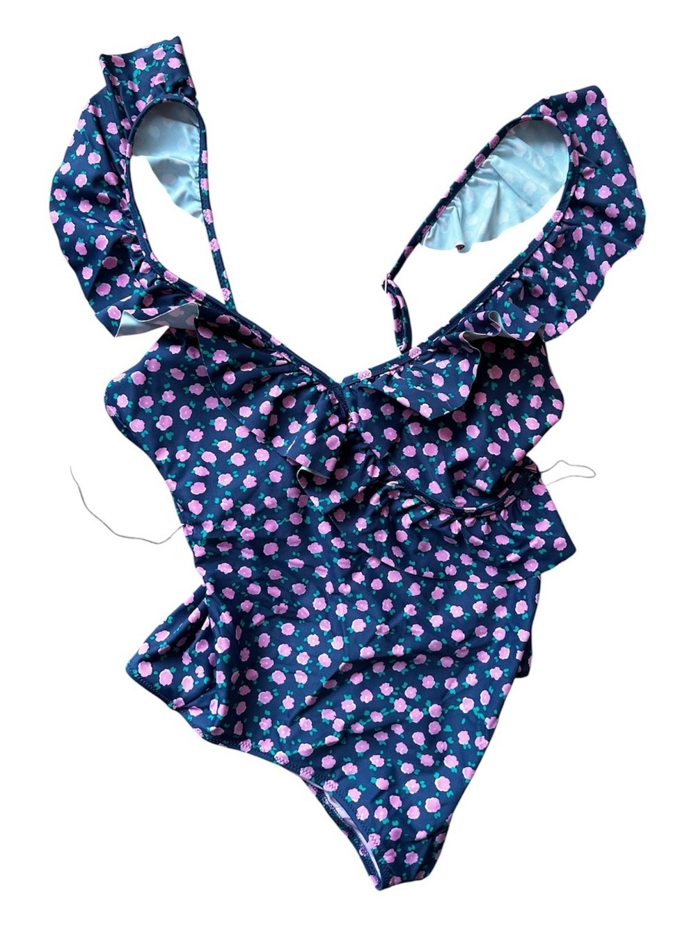 Aerie One Piece Swimsuit Medium Floral Ruffle V Neck Pink Green Bathing Suit - Picture 3 of 5